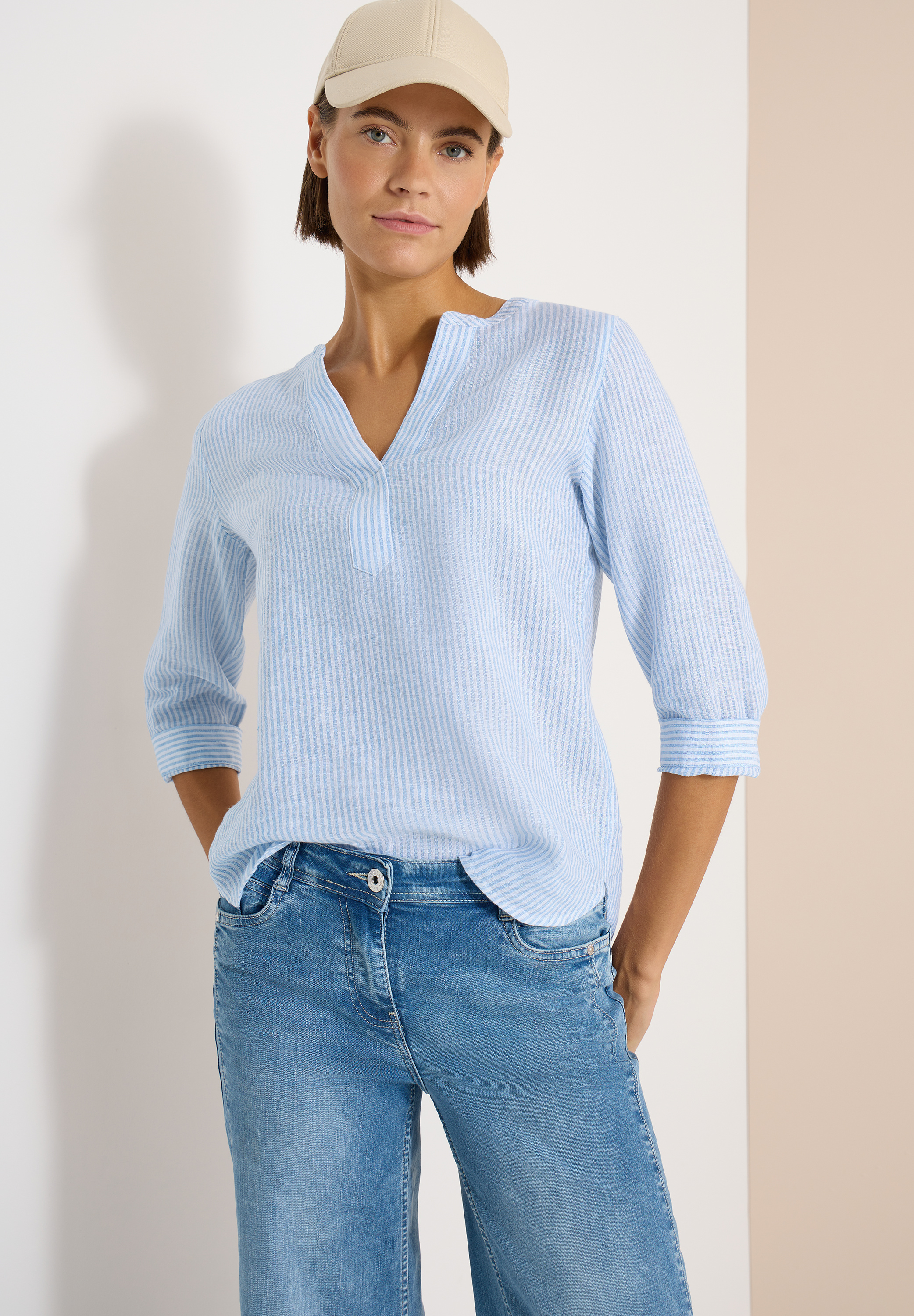 3/4-Arm Bluse mit Split Neck aus Leinen